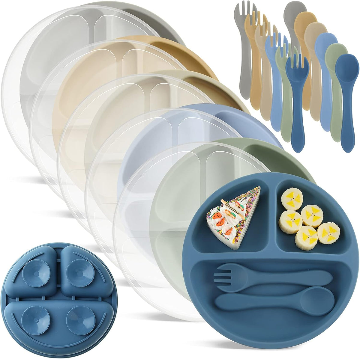 6 Pack Suction Plates for Baby with Lids Silicone,Macaron Colors