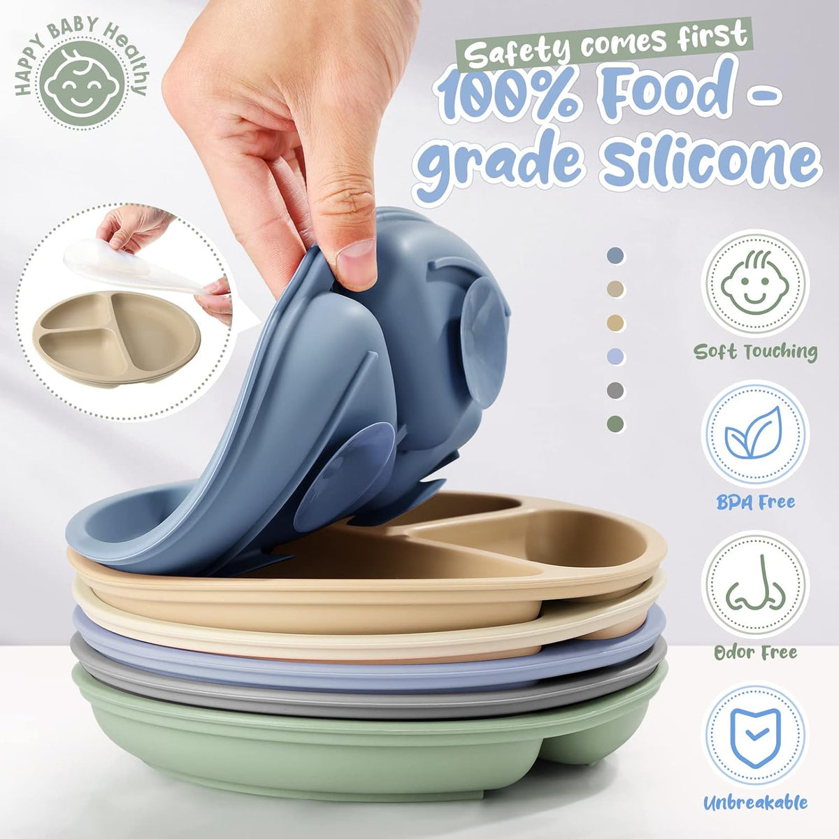 6 Pack Suction Plates for Baby with Lids Silicone,Macaron Colors