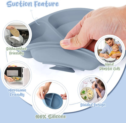6 Pack Suction Plates for Baby with Lids Silicone,Macaron Colors