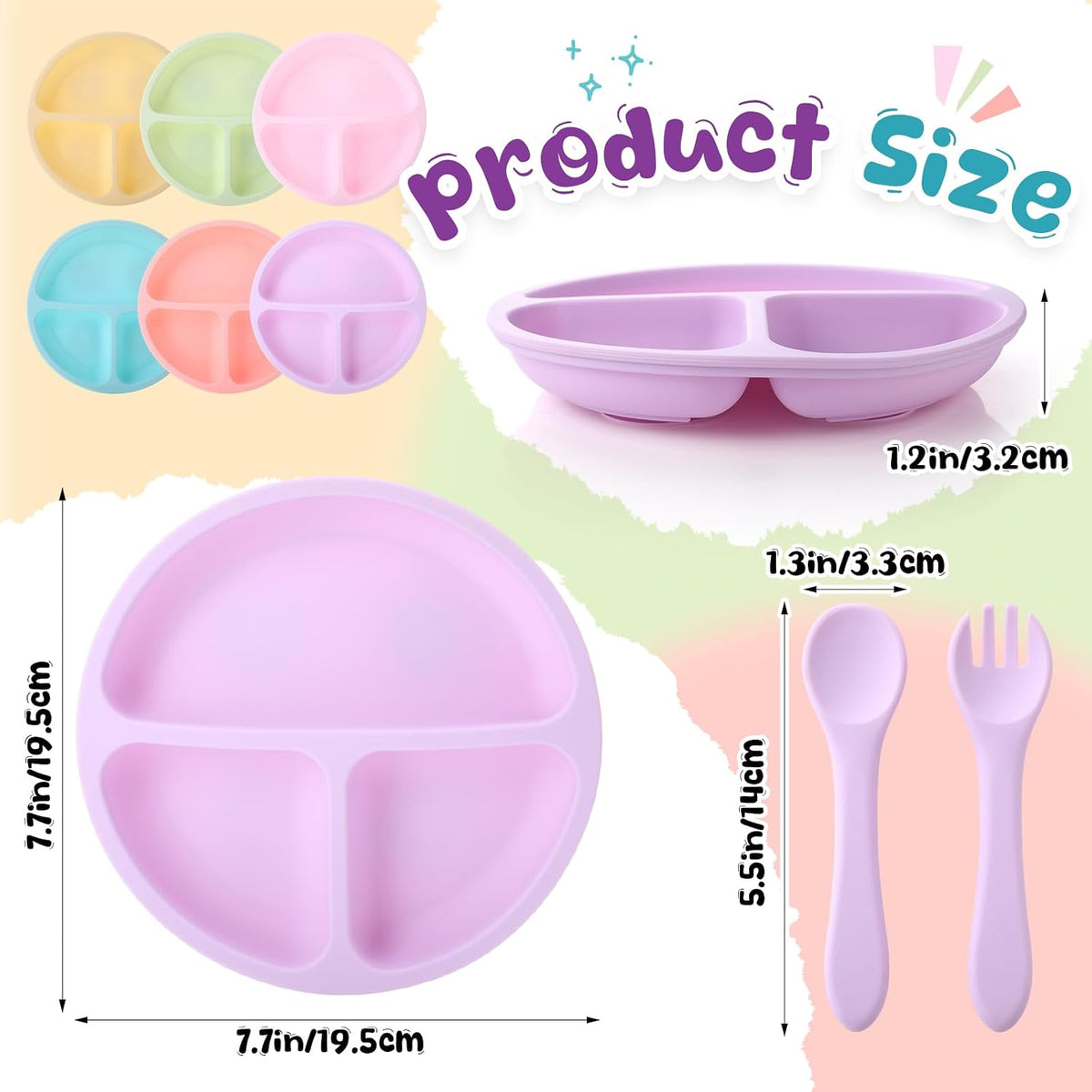 6 Pack Suction Plates for Baby with Lids Silicone,Macaron Colors