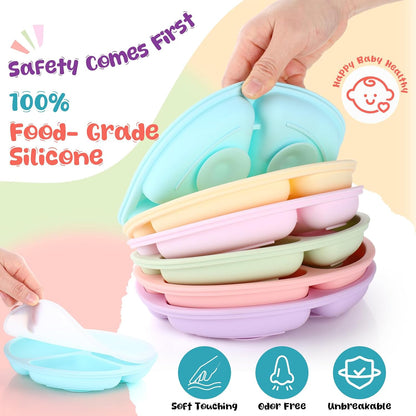 6 Pack Suction Plates for Baby with Lids Silicone,Macaron Colors