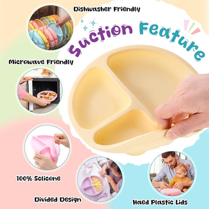 6 Pack Suction Plates for Baby with Lids Silicone,Macaron Colors