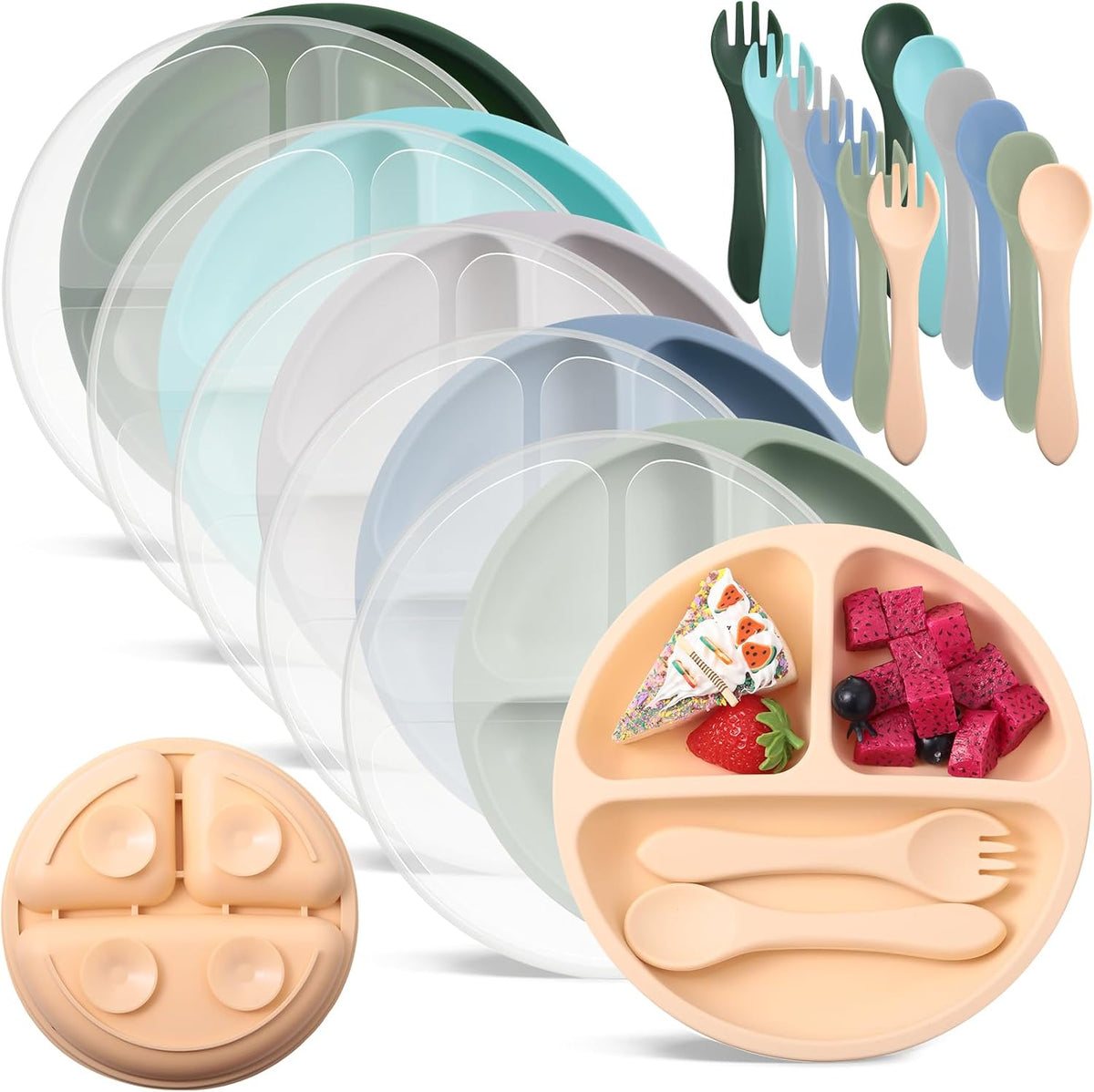 6 Pack Suction Plates for Baby with Lids Silicone,Macaron Colors