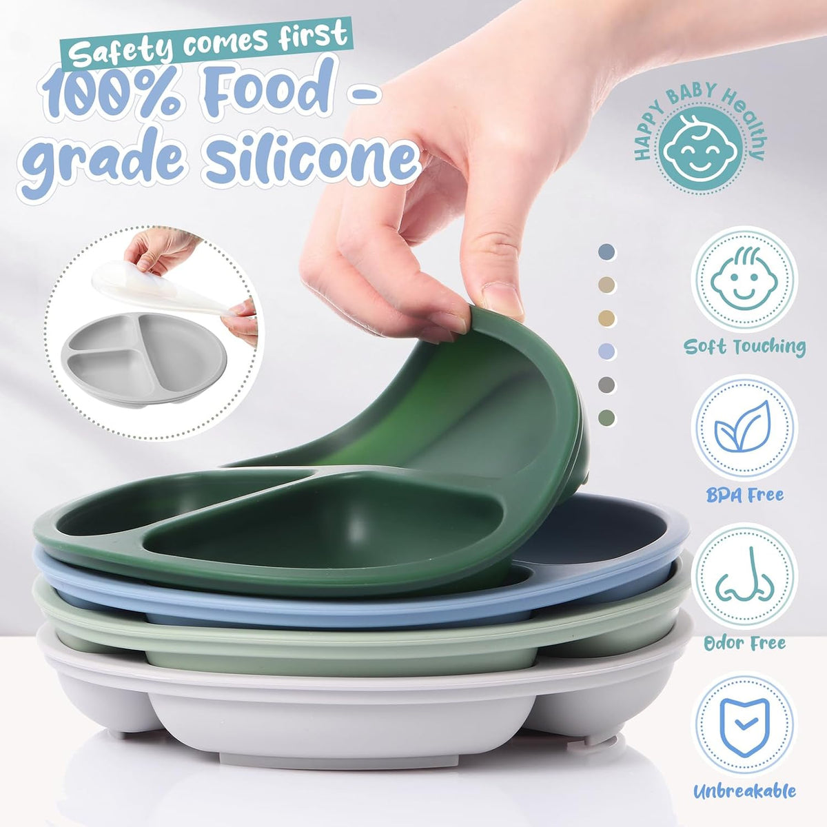 6 Pack Suction Plates for Baby with Lids Silicone,Macaron Colors