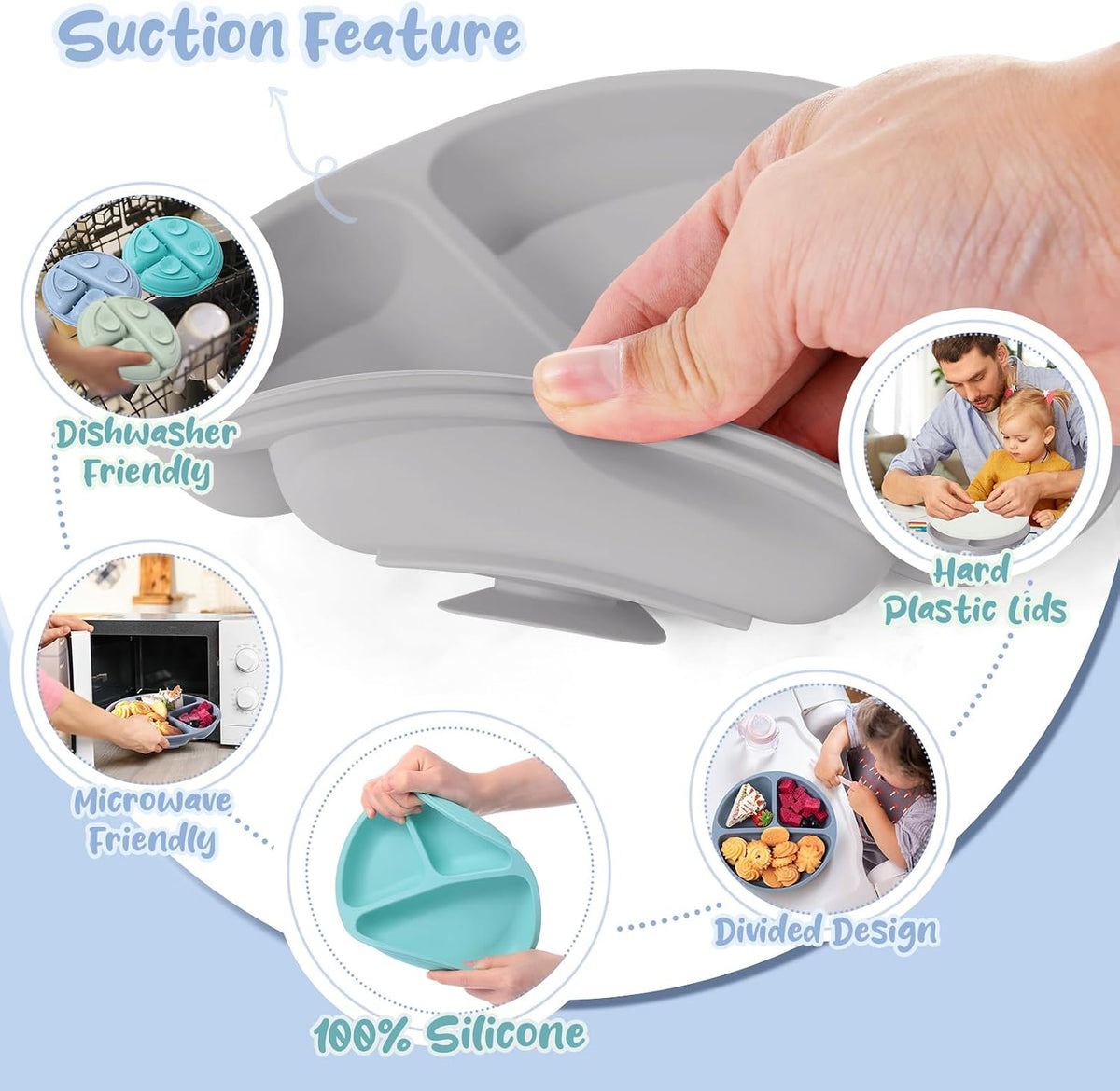 6 Pack Suction Plates for Baby with Lids Silicone,Macaron Colors