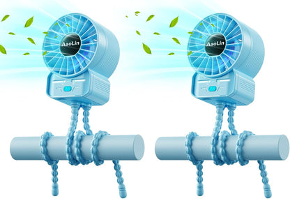 2 Pack Multifunctional Portable Stroller Fan 4 Speed 6600rpm High Speed Usb Rechargeable Personal Mini Handheld Fan Extended Tripod For Desktop Winding Kids Bed Treadmill Bike Golf Cart Outdoor Travel