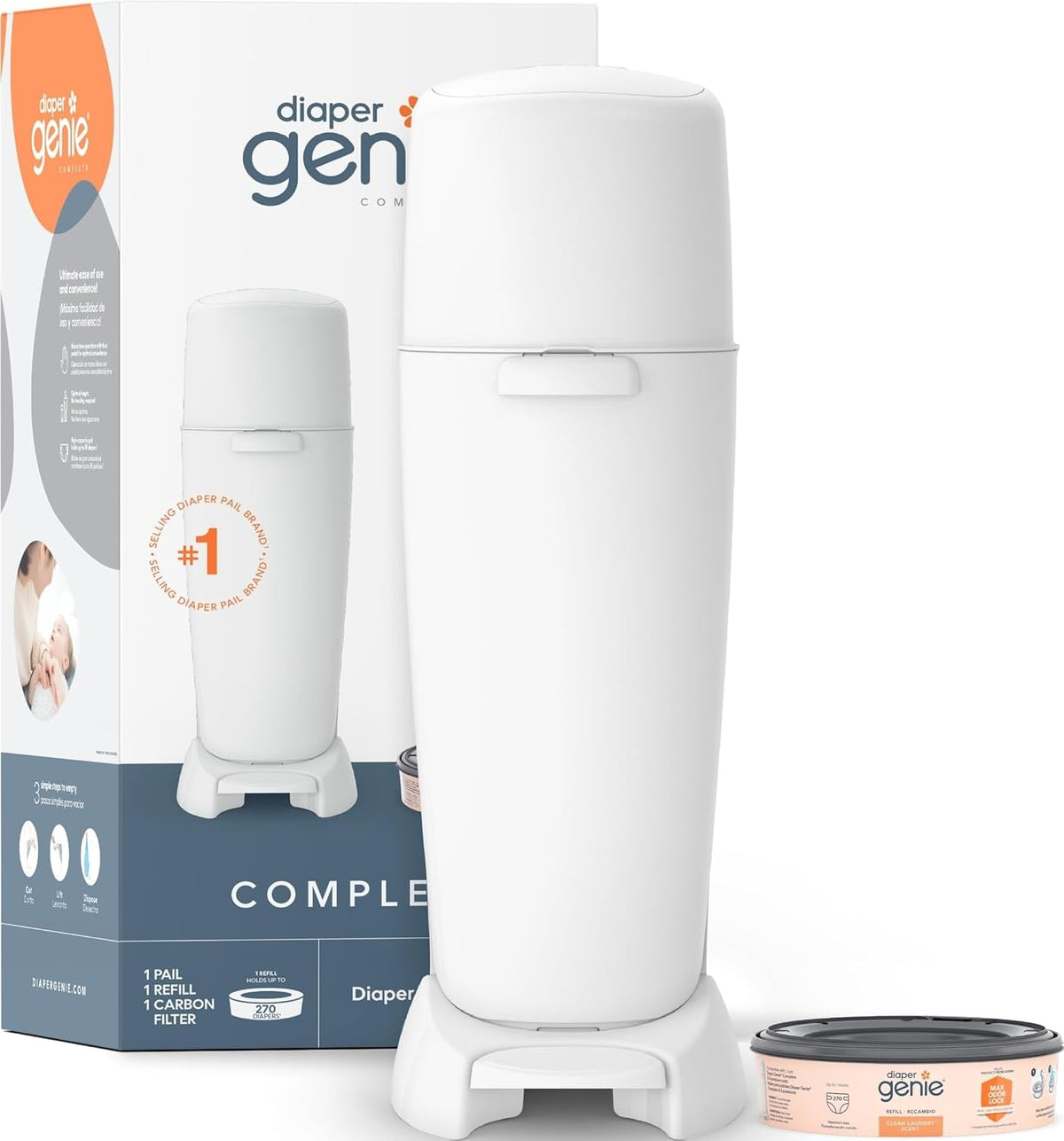 Complete Diaper Pail (White) – Includes 1 Refill (Holds 270 Newborn Diapers) & 1 Carbon Filter