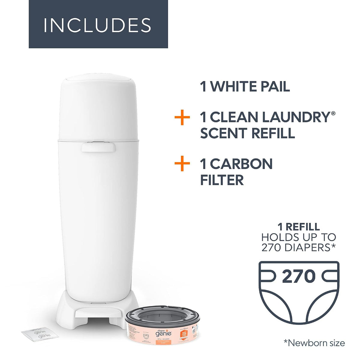 Complete Diaper Pail (White) – Includes 1 Refill (Holds 270 Newborn Diapers) & 1 Carbon Filter