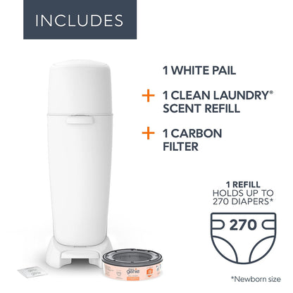Complete Diaper Pail (White) – Includes 1 Refill (Holds 270 Newborn Diapers) & 1 Carbon Filter