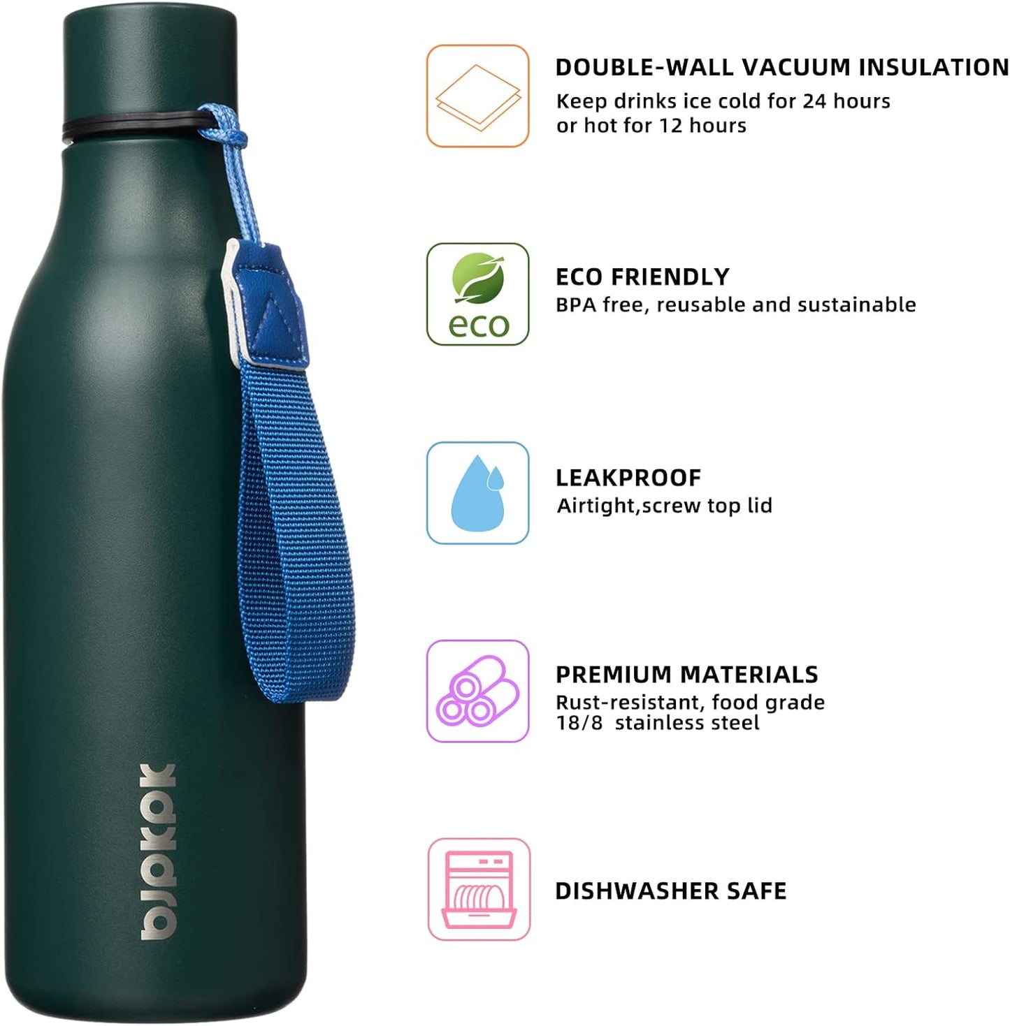 18oz Insulated Water Bottle, Stainless Steel Bottle with Carry Strap | Keep Cold & Hot Vacuum Insulation, Leak-Proof BPA-Free Design, Slim Bottle Fits Most Cup Holders for Gym, Office & Travel - Colors A