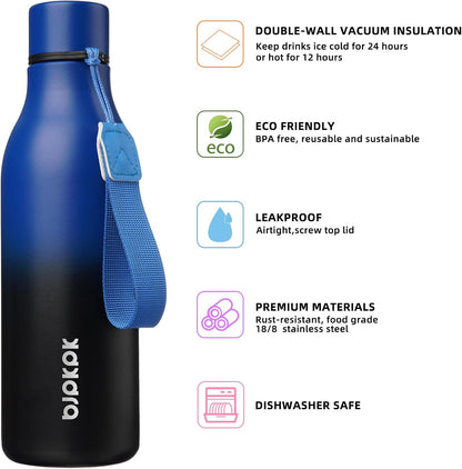 18oz Insulated Water Bottle, Stainless Steel Bottle with Carry Strap | Keep Cold & Hot Vacuum Insulation, Leak-Proof BPA-Free Design, Slim Bottle Fits Most Cup Holders for Gym, Office & Travel - Colors A