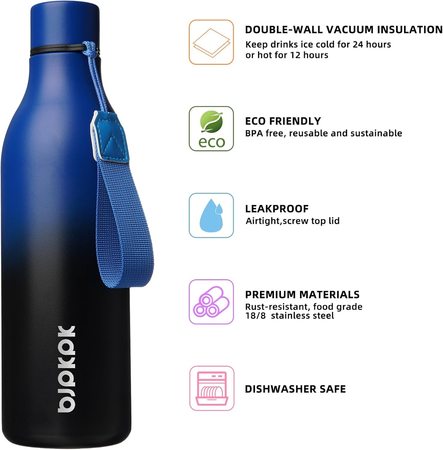 18oz Insulated Water Bottle, Stainless Steel Bottle with Carry Strap | Keep Cold & Hot Vacuum Insulation, Leak-Proof BPA-Free Design, Slim Bottle Fits Most Cup Holders for Gym, Office & Travel - Colors A