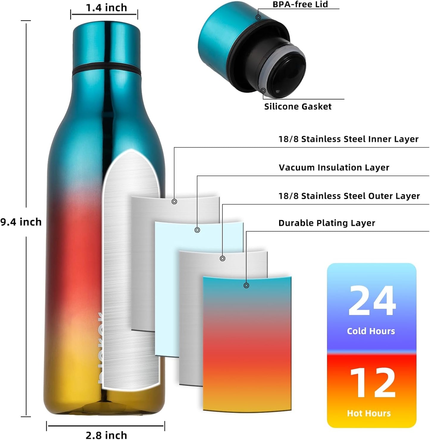 18oz Insulated Water Bottle, Stainless Steel Bottle with Carry Strap | Keep Cold & Hot Vacuum Insulation, Leak-Proof BPA-Free Design, Slim Bottle Fits Most Cup Holders for Gym, Office & Travel - Colors A