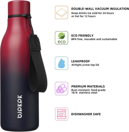 18oz Insulated Water Bottle, Stainless Steel Bottle with Carry Strap | Keep Cold & Hot Vacuum Insulation, Leak-Proof BPA-Free Design, Slim Bottle Fits Most Cup Holders for Gym, Office & Travel - Colors A