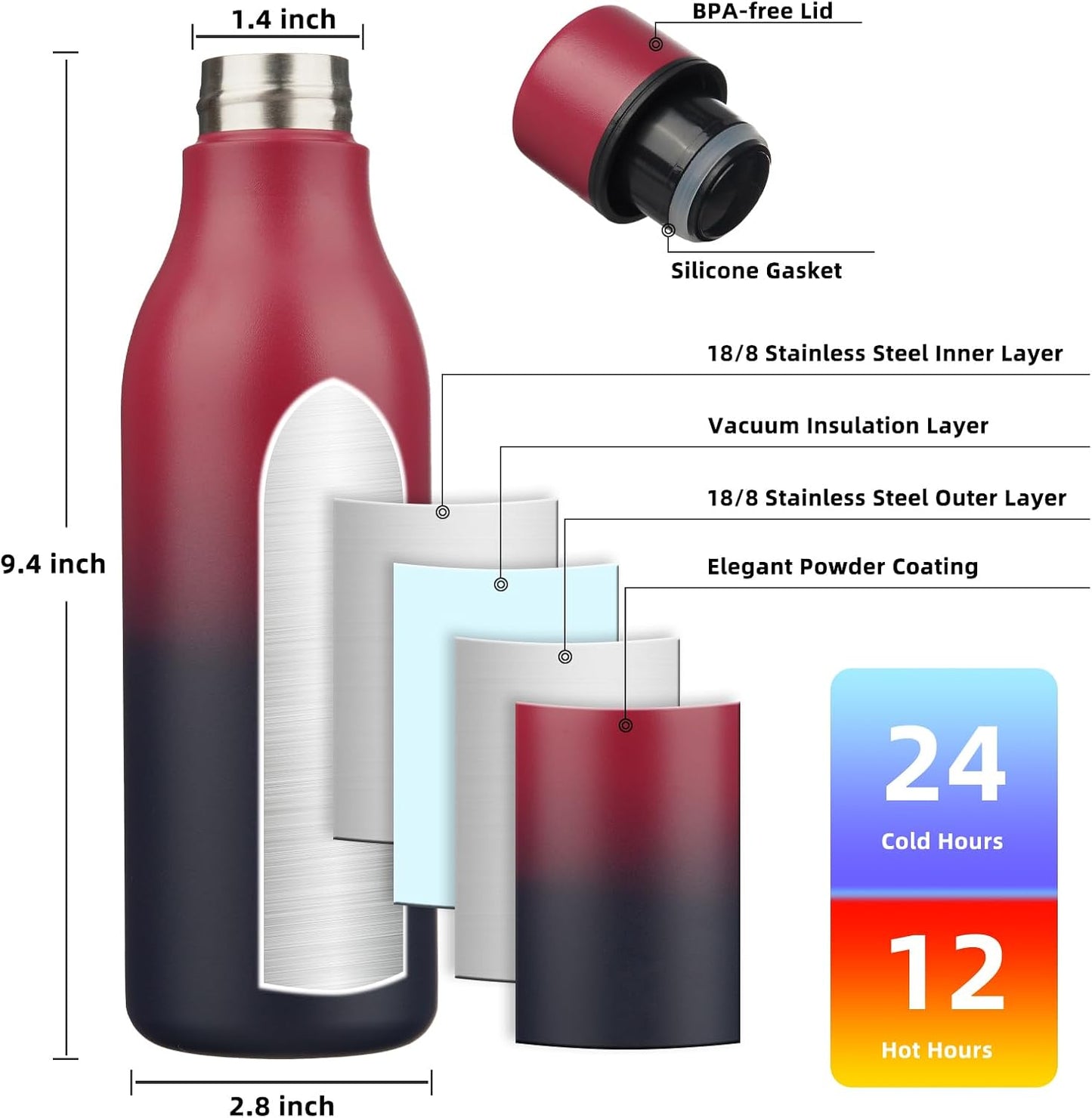18oz Insulated Water Bottle, Stainless Steel Bottle with Carry Strap | Keep Cold & Hot Vacuum Insulation, Leak-Proof BPA-Free Design, Slim Bottle Fits Most Cup Holders for Gym, Office & Travel - Colors A