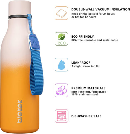 18oz Insulated Water Bottle, Stainless Steel Bottle with Carry Strap | Keep Cold & Hot Vacuum Insulation, Leak-Proof BPA-Free Design, Slim Bottle Fits Most Cup Holders for Gym, Office & Travel - Colors A
