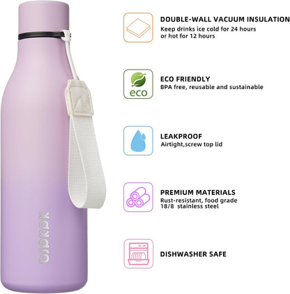18oz Insulated Water Bottle, Stainless Steel Bottle with Carry Strap | Keep Cold & Hot Vacuum Insulation, Leak-Proof BPA-Free Design, Slim Bottle Fits Most Cup Holders for Gym, Office & Travel - Colors A