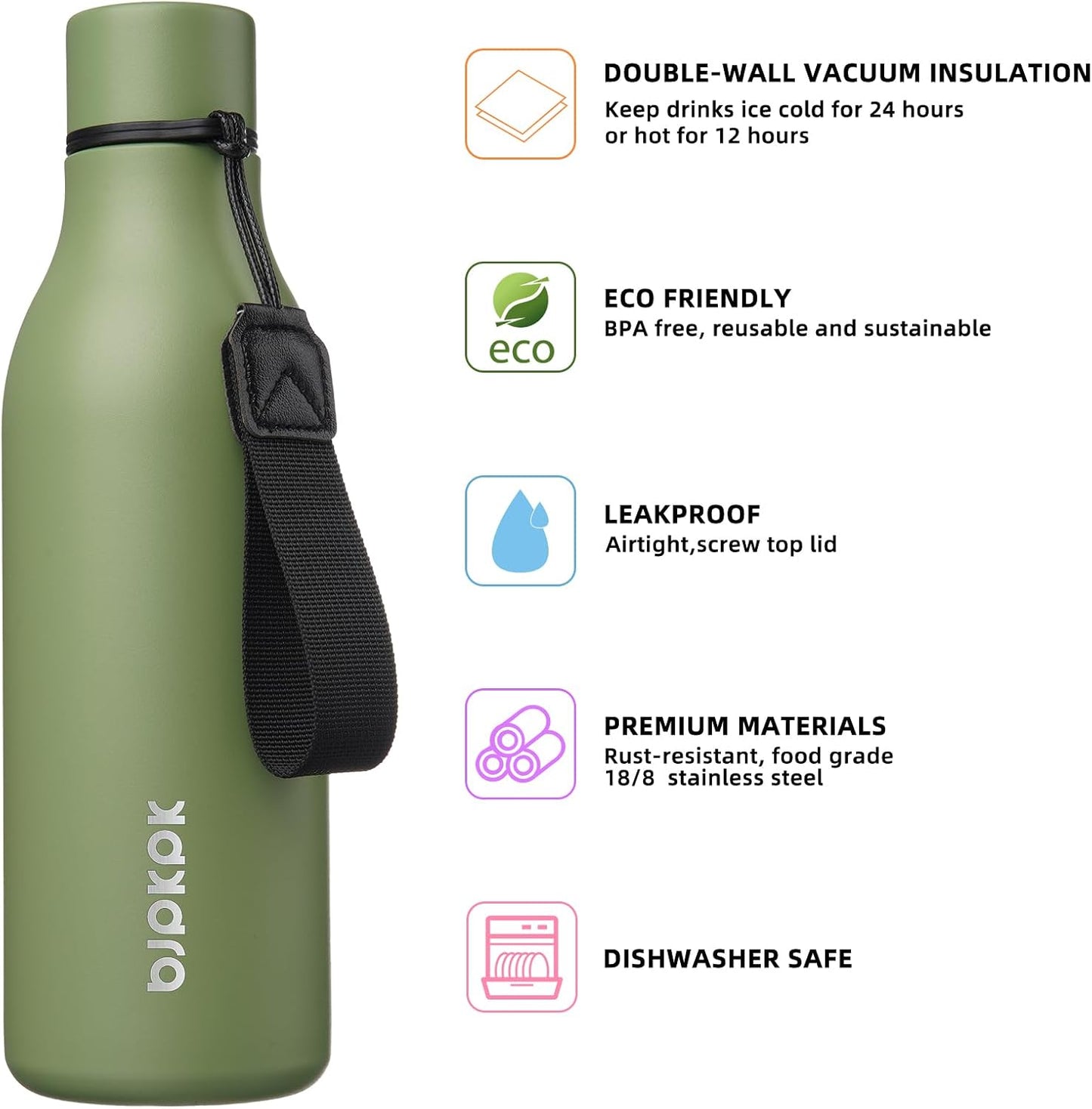 18oz Insulated Water Bottle, Stainless Steel Bottle with Carry Strap | Keep Cold & Hot Vacuum Insulation, Leak-Proof BPA-Free Design, Slim Bottle Fits Most Cup Holders for Gym, Office & Travel - Colors A