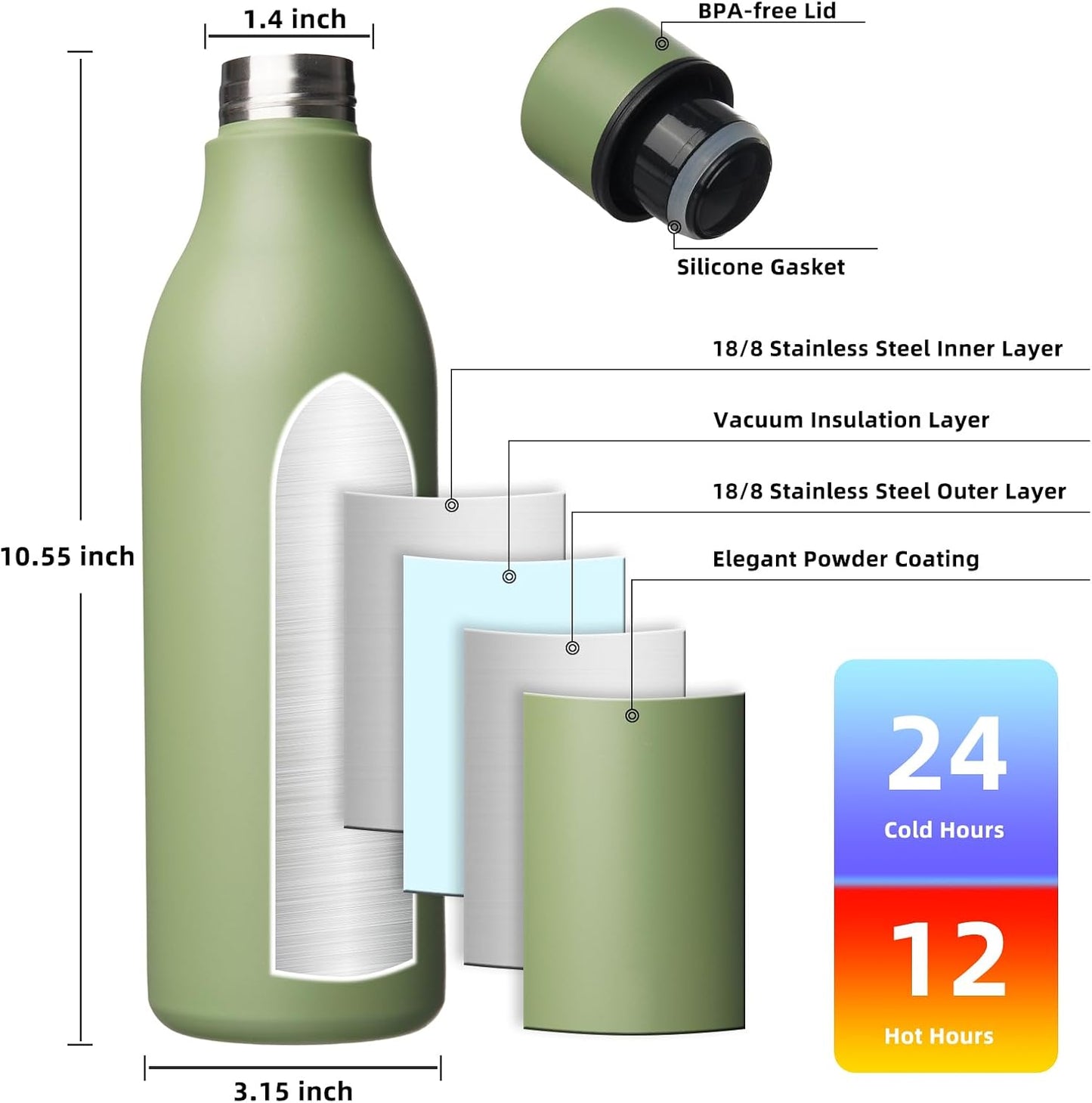 18oz Insulated Water Bottle, Stainless Steel Bottle with Carry Strap | Keep Cold & Hot Vacuum Insulation, Leak-Proof BPA-Free Design, Slim Bottle Fits Most Cup Holders for Gym, Office & Travel - Colors A