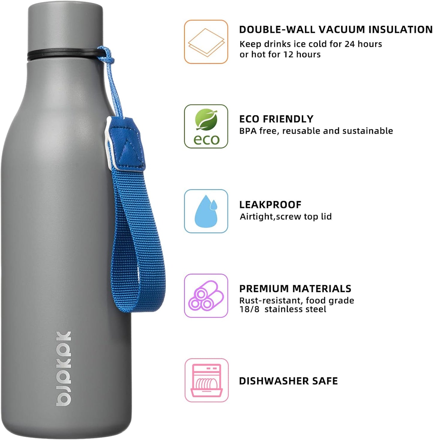 18oz Insulated Water Bottle, Stainless Steel Bottle with Carry Strap | Keep Cold & Hot Vacuum Insulation, Leak-Proof BPA-Free Design, Slim Bottle Fits Most Cup Holders for Gym, Office & Travel - Colors A