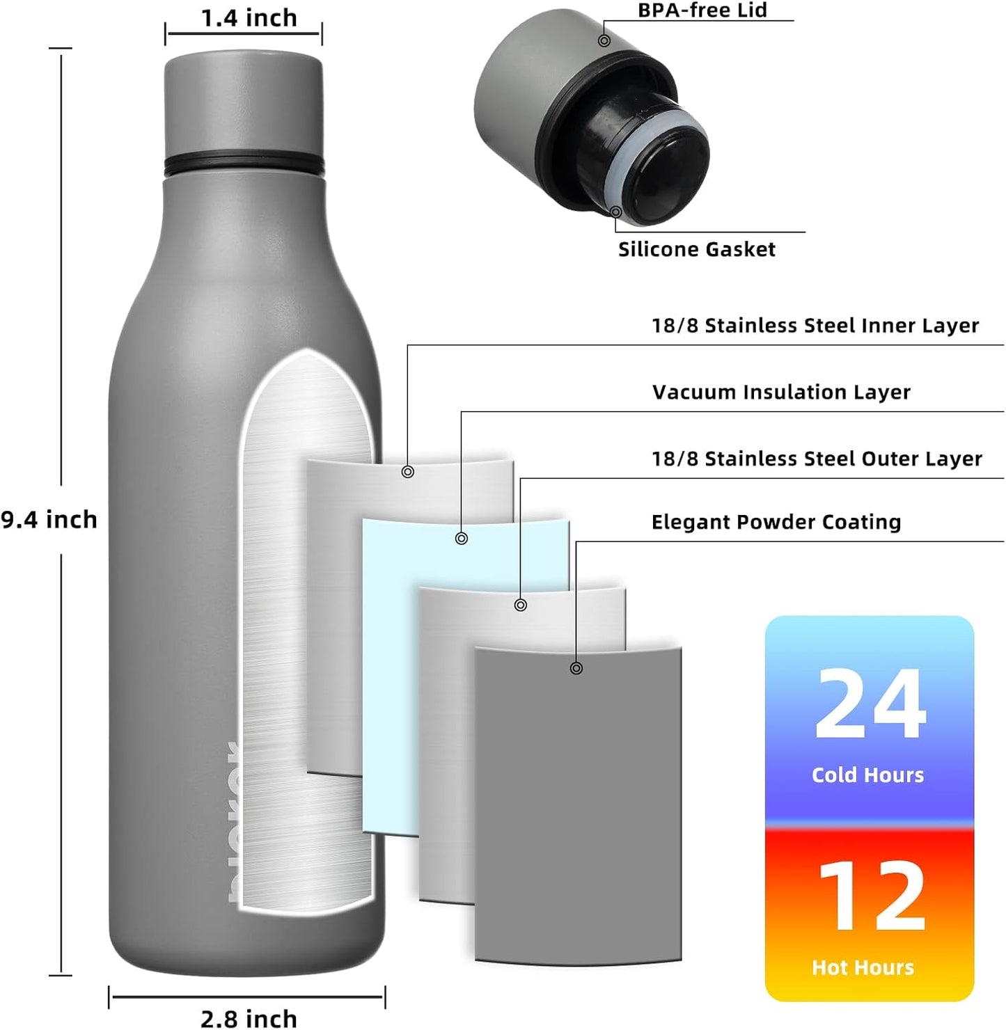 18oz Insulated Water Bottle, Stainless Steel Bottle with Carry Strap | Keep Cold & Hot Vacuum Insulation, Leak-Proof BPA-Free Design, Slim Bottle Fits Most Cup Holders for Gym, Office & Travel - Colors A