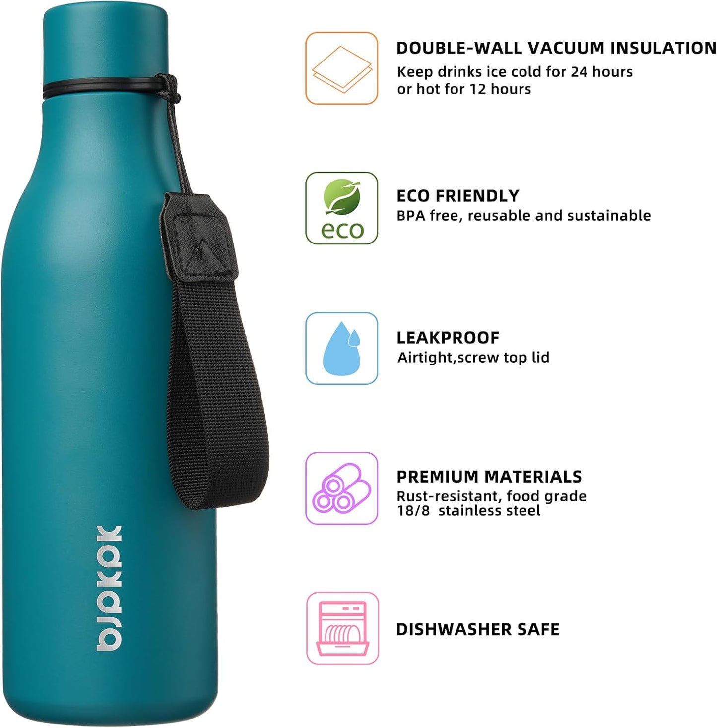 18oz Insulated Water Bottle, Stainless Steel Bottle with Carry Strap | Keep Cold & Hot Vacuum Insulation, Leak-Proof BPA-Free Design, Slim Bottle Fits Most Cup Holders for Gym, Office & Travel - Colors A