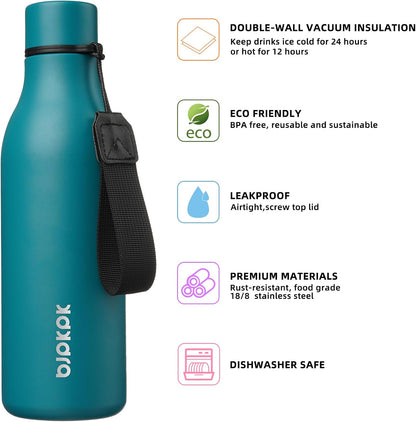 18oz Insulated Water Bottle, Stainless Steel Bottle with Carry Strap | Keep Cold & Hot Vacuum Insulation, Leak-Proof BPA-Free Design, Slim Bottle Fits Most Cup Holders for Gym, Office & Travel - Colors A