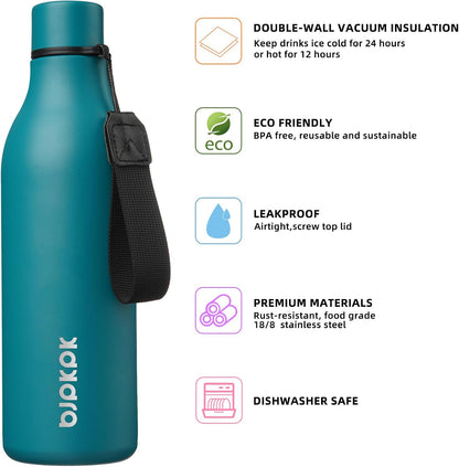 18oz Insulated Water Bottle, Stainless Steel Bottle with Carry Strap | Keep Cold & Hot Vacuum Insulation, Leak-Proof BPA-Free Design, Slim Bottle Fits Most Cup Holders for Gym, Office & Travel - Colors A