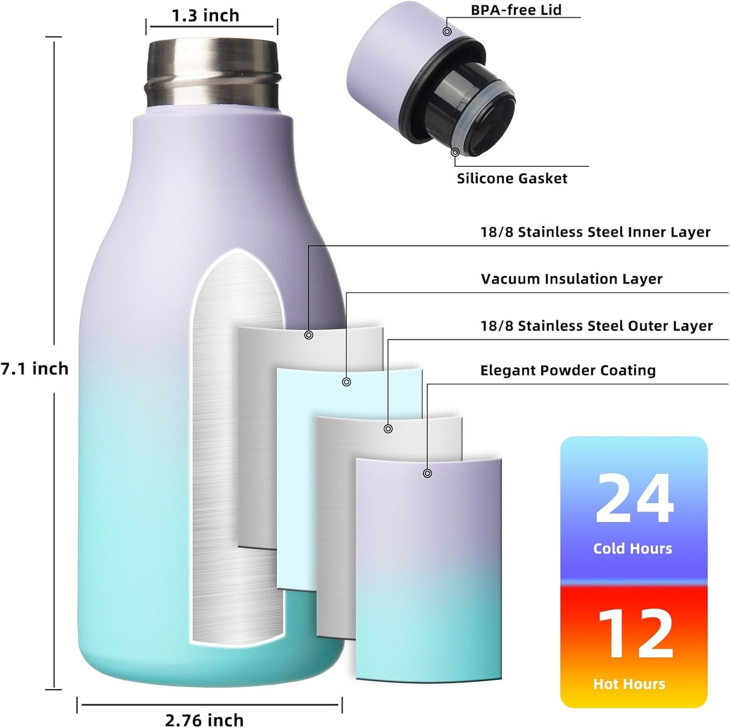 18oz Insulated Water Bottle, Stainless Steel Bottle with Carry Strap | Keep Cold & Hot Vacuum Insulation, Leak-Proof BPA-Free Design, Slim Bottle Fits Most Cup Holders for Gym, Office & Travel - Colors A
