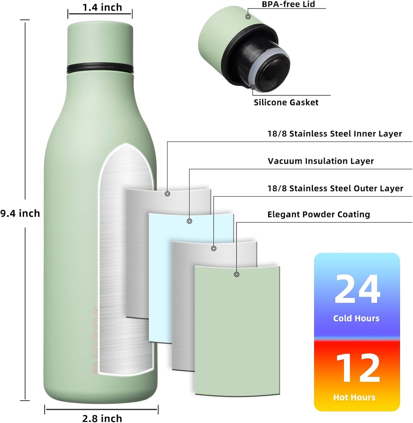 18oz Insulated Water Bottle, Stainless Steel Bottle with Carry Strap | Keep Cold & Hot Vacuum Insulation, Leak-Proof BPA-Free Design, Slim Bottle Fits Most Cup Holders for Gym, Office & Travel - Colors A