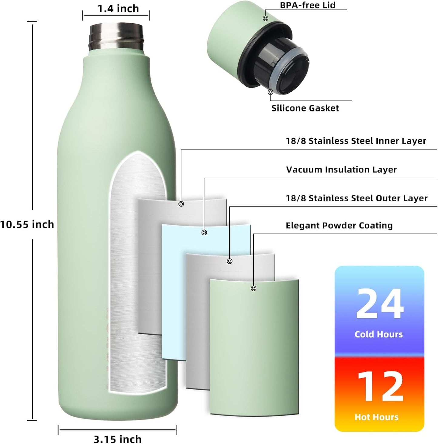 18oz Insulated Water Bottle, Stainless Steel Bottle with Carry Strap | Keep Cold & Hot Vacuum Insulation, Leak-Proof BPA-Free Design, Slim Bottle Fits Most Cup Holders for Gym, Office & Travel - Colors A