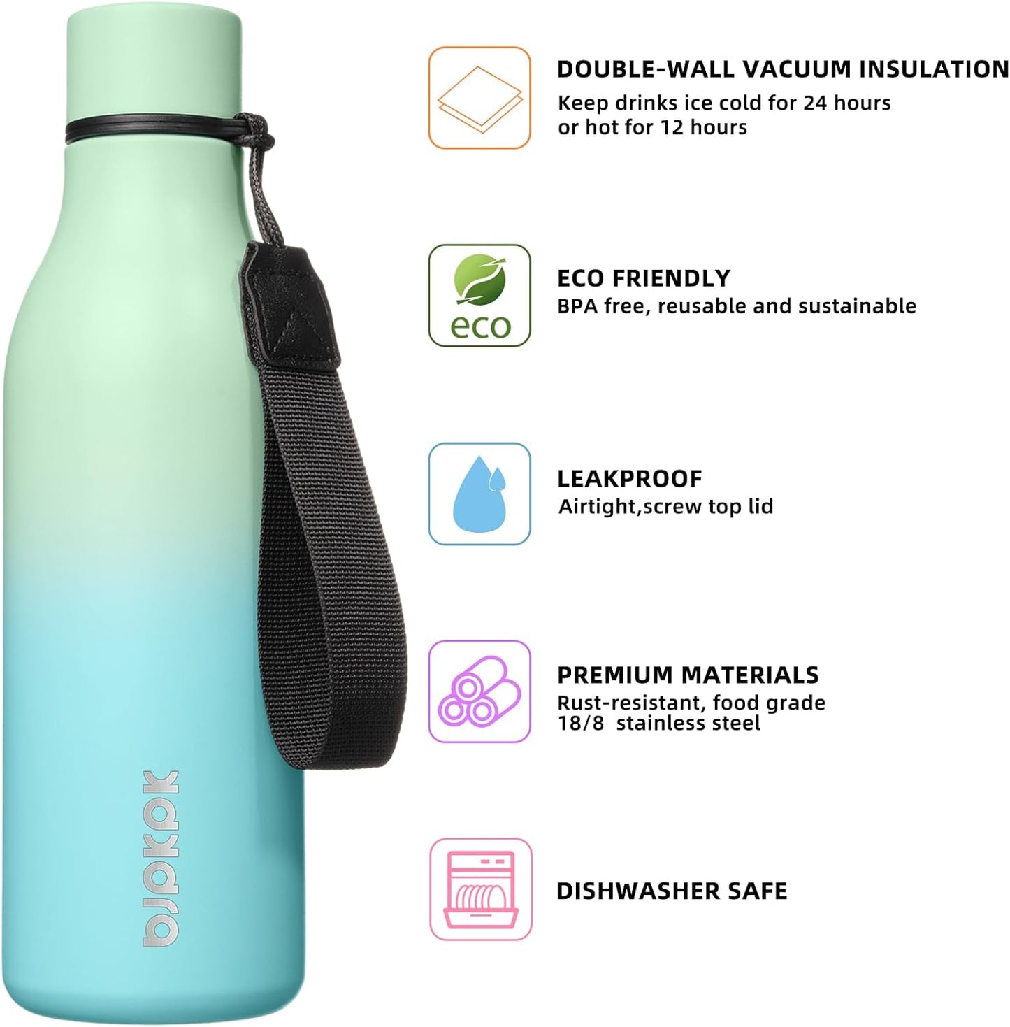 18oz Insulated Water Bottle, Stainless Steel Bottle with Carry Strap | Keep Cold & Hot Vacuum Insulation, Leak-Proof BPA-Free Design, Slim Bottle Fits Most Cup Holders for Gym, Office & Travel - Colors A