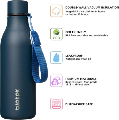 18oz Insulated Water Bottle, Stainless Steel Bottle with Carry Strap | Keep Cold & Hot Vacuum Insulation, Leak-Proof BPA-Free Design, Slim Bottle Fits Most Cup Holders for Gym, Office & Travel - Colors A