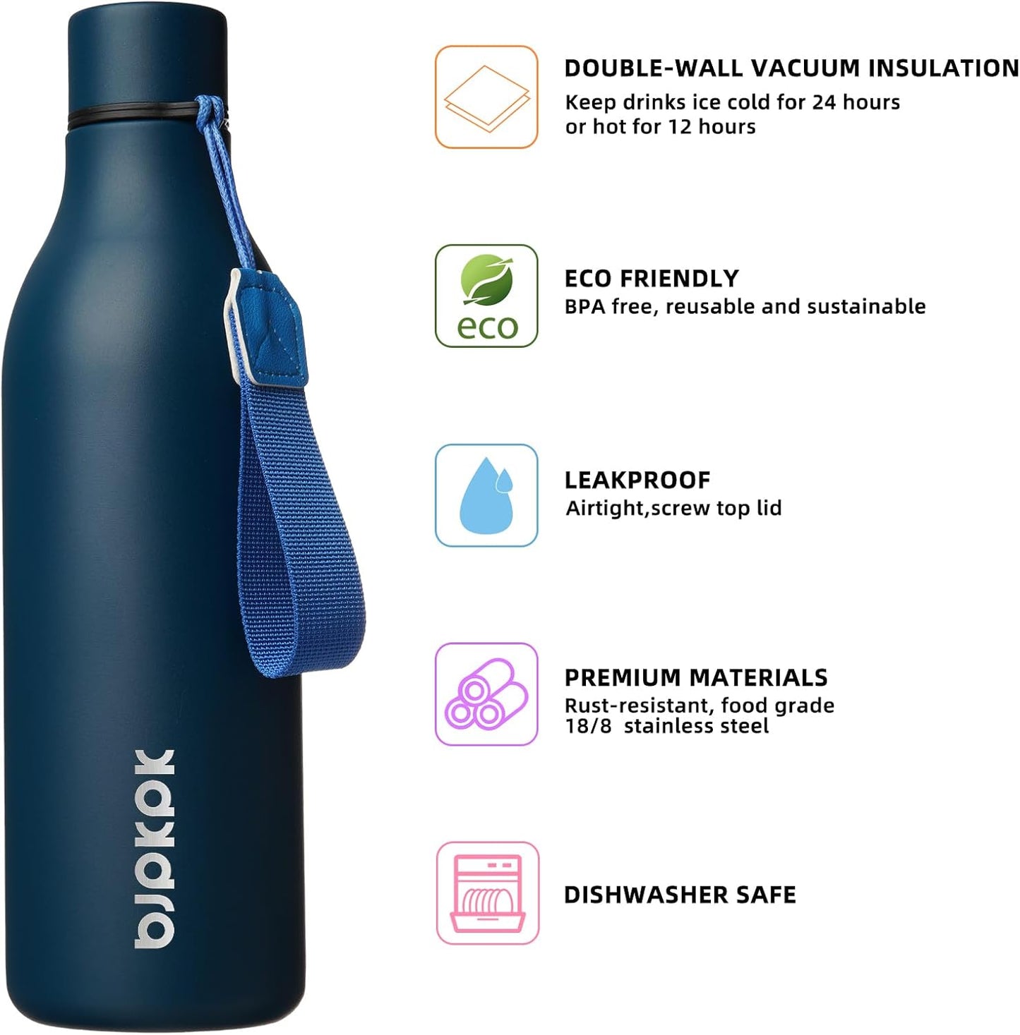 18oz Insulated Water Bottle, Stainless Steel Bottle with Carry Strap | Keep Cold & Hot Vacuum Insulation, Leak-Proof BPA-Free Design, Slim Bottle Fits Most Cup Holders for Gym, Office & Travel - Colors A