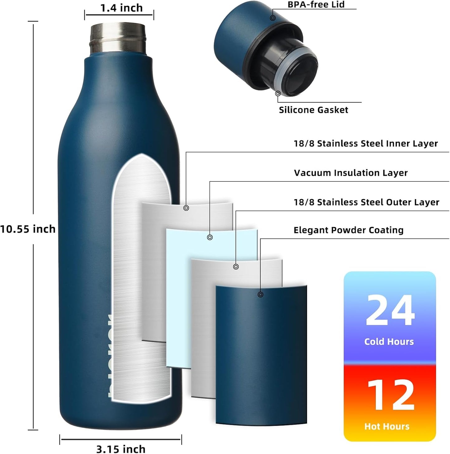 18oz Insulated Water Bottle, Stainless Steel Bottle with Carry Strap | Keep Cold & Hot Vacuum Insulation, Leak-Proof BPA-Free Design, Slim Bottle Fits Most Cup Holders for Gym, Office & Travel - Colors A