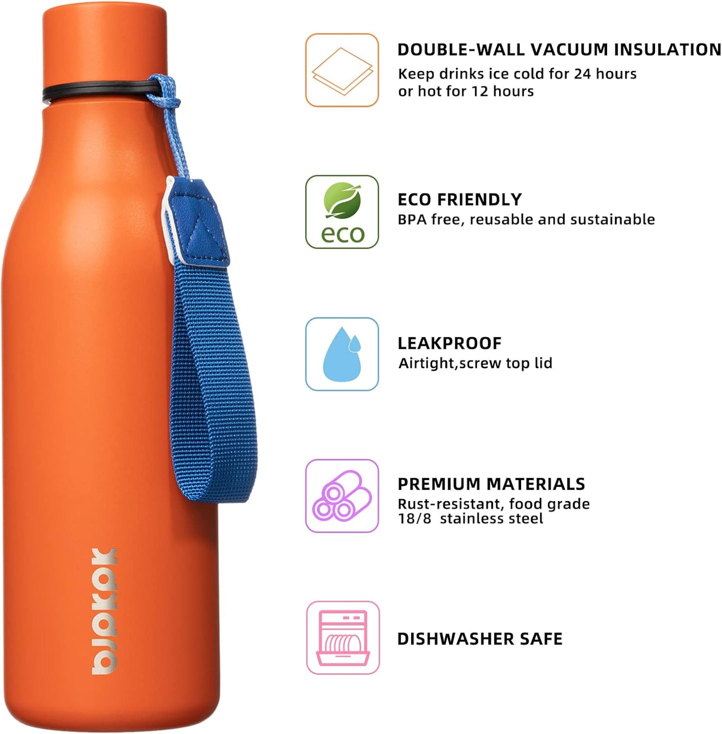 18oz Insulated Water Bottle, Stainless Steel Bottle with Carry Strap | Keep Cold & Hot Vacuum Insulation, Leak-Proof BPA-Free Design, Slim Bottle Fits Most Cup Holders for Gym, Office & Travel - Colors A