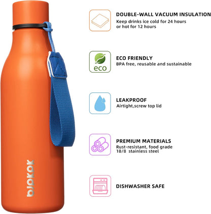 18oz Insulated Water Bottle, Stainless Steel Bottle with Carry Strap | Keep Cold & Hot Vacuum Insulation, Leak-Proof BPA-Free Design, Slim Bottle Fits Most Cup Holders for Gym, Office & Travel - Colors A
