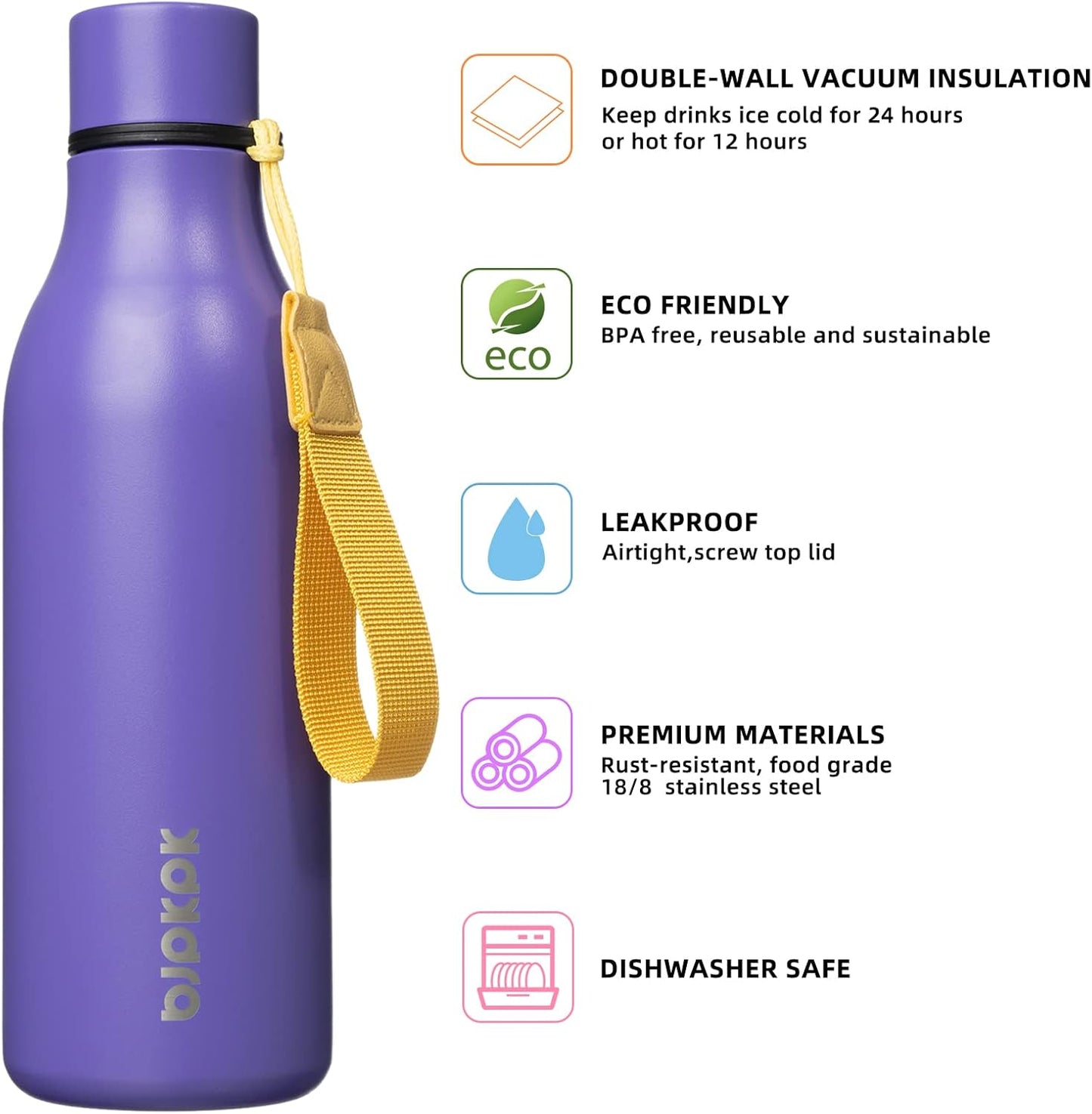 18oz Insulated Water Bottle, Stainless Steel Bottle with Carry Strap | Keep Cold & Hot Vacuum Insulation, Leak-Proof BPA-Free Design, Slim Bottle Fits Most Cup Holders for Gym, Office & Travel - Colors A