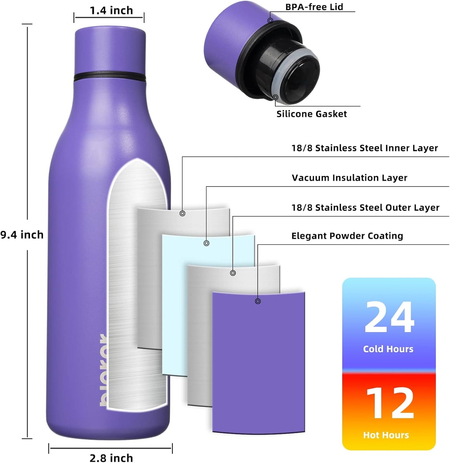18oz Insulated Water Bottle, Stainless Steel Bottle with Carry Strap | Keep Cold & Hot Vacuum Insulation, Leak-Proof BPA-Free Design, Slim Bottle Fits Most Cup Holders for Gym, Office & Travel - Colors A