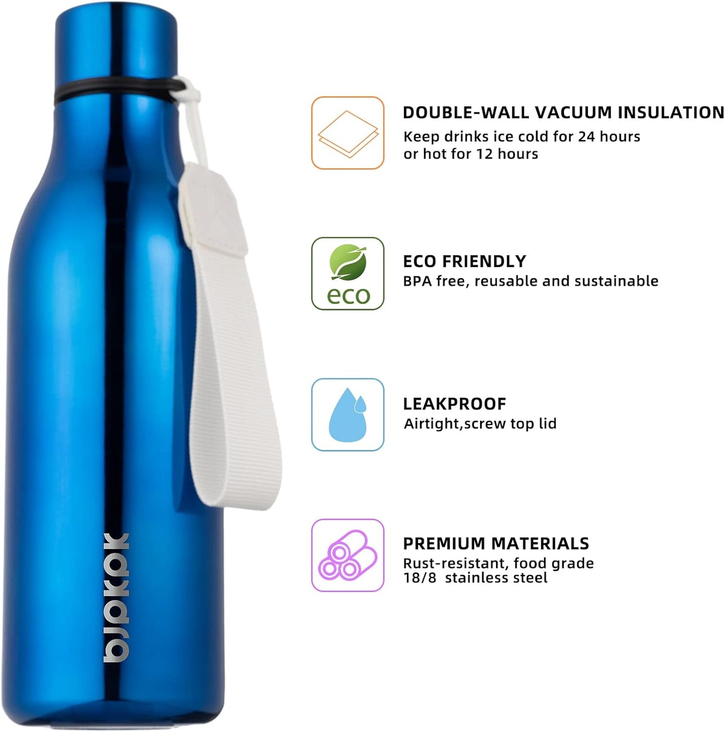 18oz Insulated Water Bottle, Stainless Steel Bottle with Carry Strap | Keep Cold & Hot Vacuum Insulation, Leak-Proof BPA-Free Design, Slim Bottle Fits Most Cup Holders for Gym, Office & Travel - Colors A