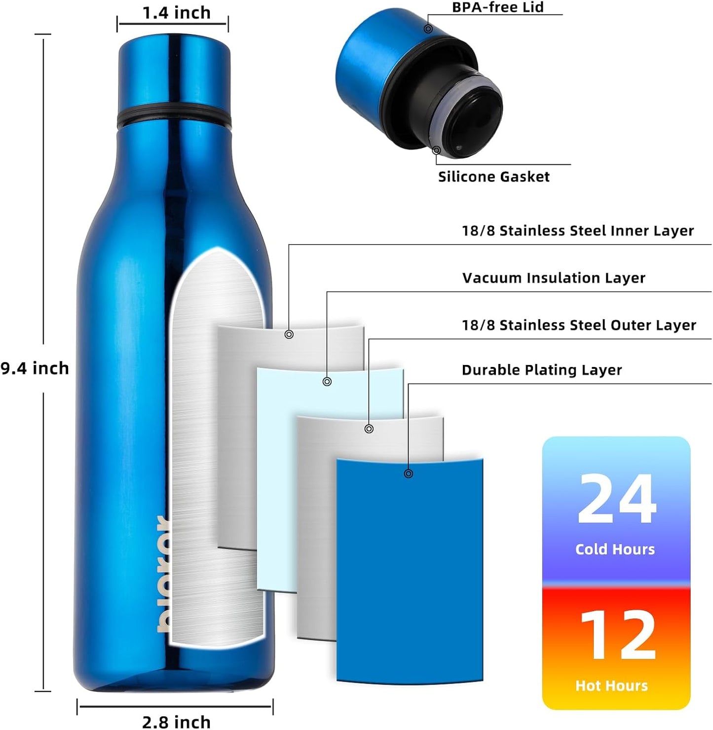 18oz Insulated Water Bottle, Stainless Steel Bottle with Carry Strap | Keep Cold & Hot Vacuum Insulation, Leak-Proof BPA-Free Design, Slim Bottle Fits Most Cup Holders for Gym, Office & Travel - Colors A