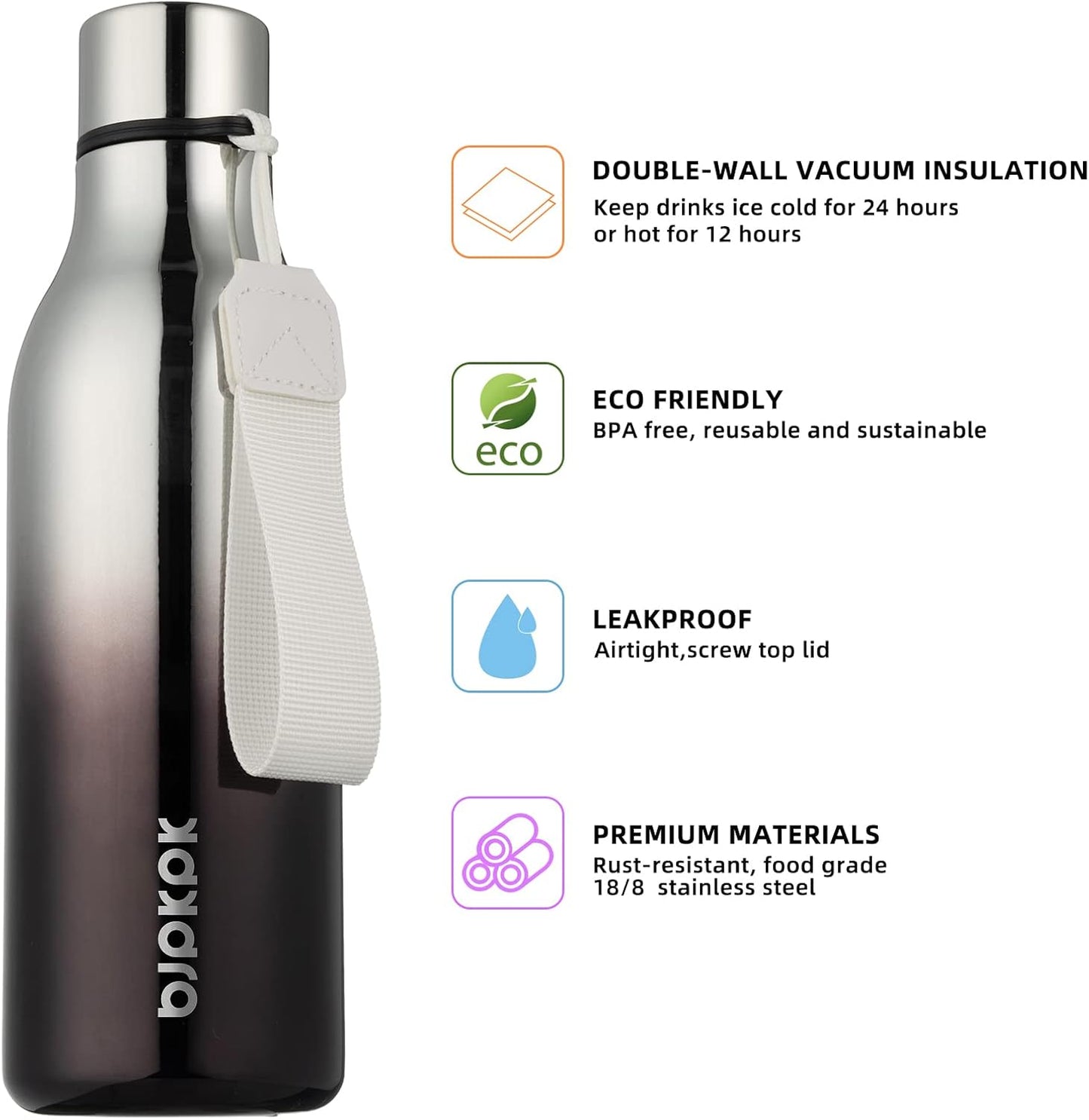 18oz Insulated Water Bottle, Stainless Steel Bottle with Carry Strap | Keep Cold & Hot Vacuum Insulation, Leak-Proof BPA-Free Design, Slim Bottle Fits Most Cup Holders for Gym, Office & Travel - Colors A