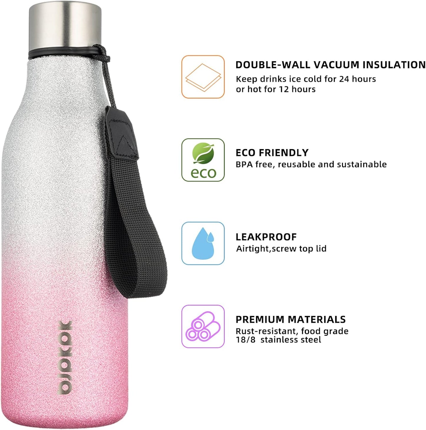 18oz Insulated Water Bottle, Stainless Steel Bottle with Carry Strap | Keep Cold & Hot Vacuum Insulation, Leak-Proof BPA-Free Design, Slim Bottle Fits Most Cup Holders for Gym, Office & Travel - Colors A