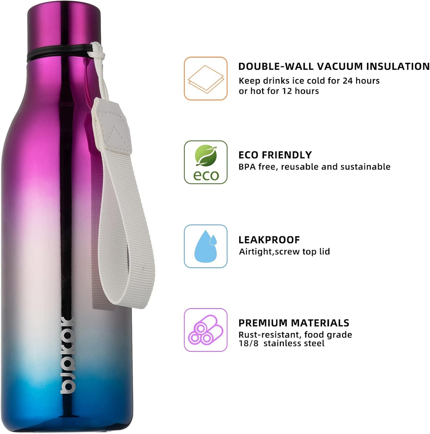 18oz Insulated Water Bottle, Stainless Steel Bottle with Carry Strap | Keep Cold & Hot Vacuum Insulation, Leak-Proof BPA-Free Design, Slim Bottle Fits Most Cup Holders for Gym, Office & Travel - Colors A