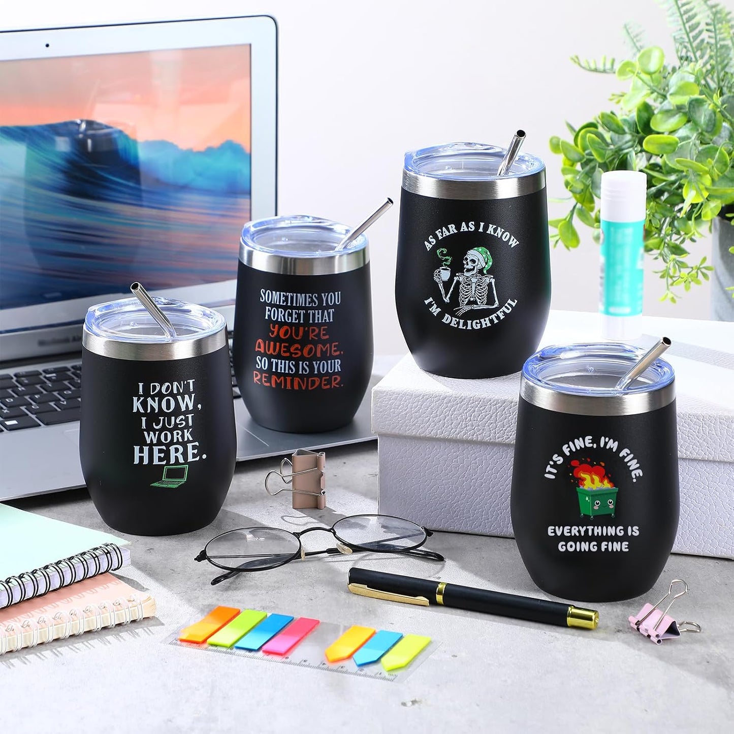 4 Pcs Funny Office Tumbler Gifts 12 oz Stainless Steel Tumbler with Lid Dumpster Fire Insulated Cup for Coworker Employee Staff Teacher Nurse Team Appreciation (Inspirational)