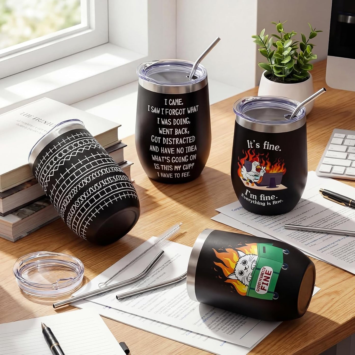 4 Pcs Funny Office Tumbler Gifts 12 oz Stainless Steel Tumbler with Lid Dumpster Fire Insulated Cup for Coworker Employee Staff Teacher Nurse Team Appreciation (Inspirational)