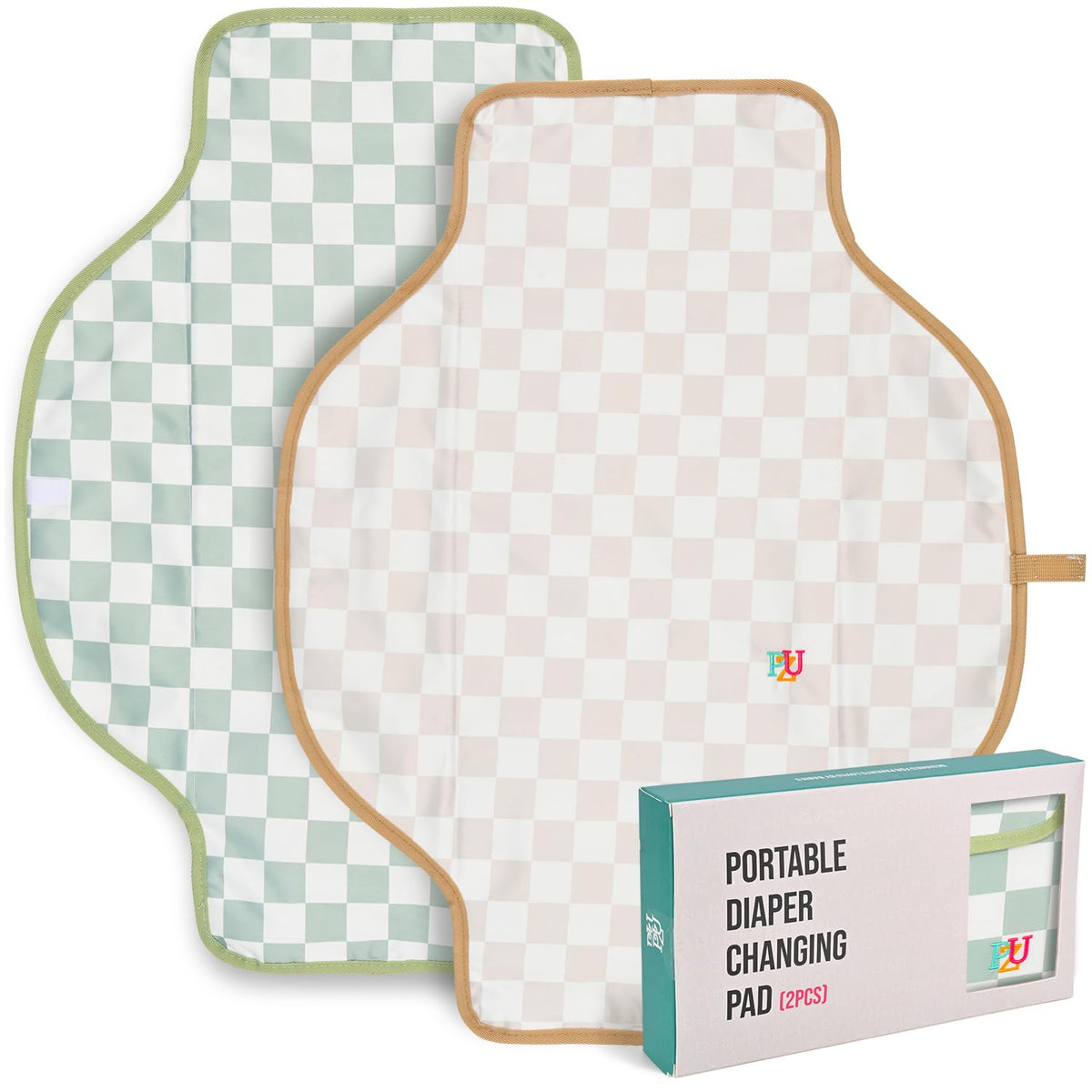 2 Pack Portable Diaper Changing Pad - Waterproof Travel Changing Mat with Built-in Pillow, Gifts for Baby Shower, Newborn Girls & Boys (Sage, Beige Checkers)