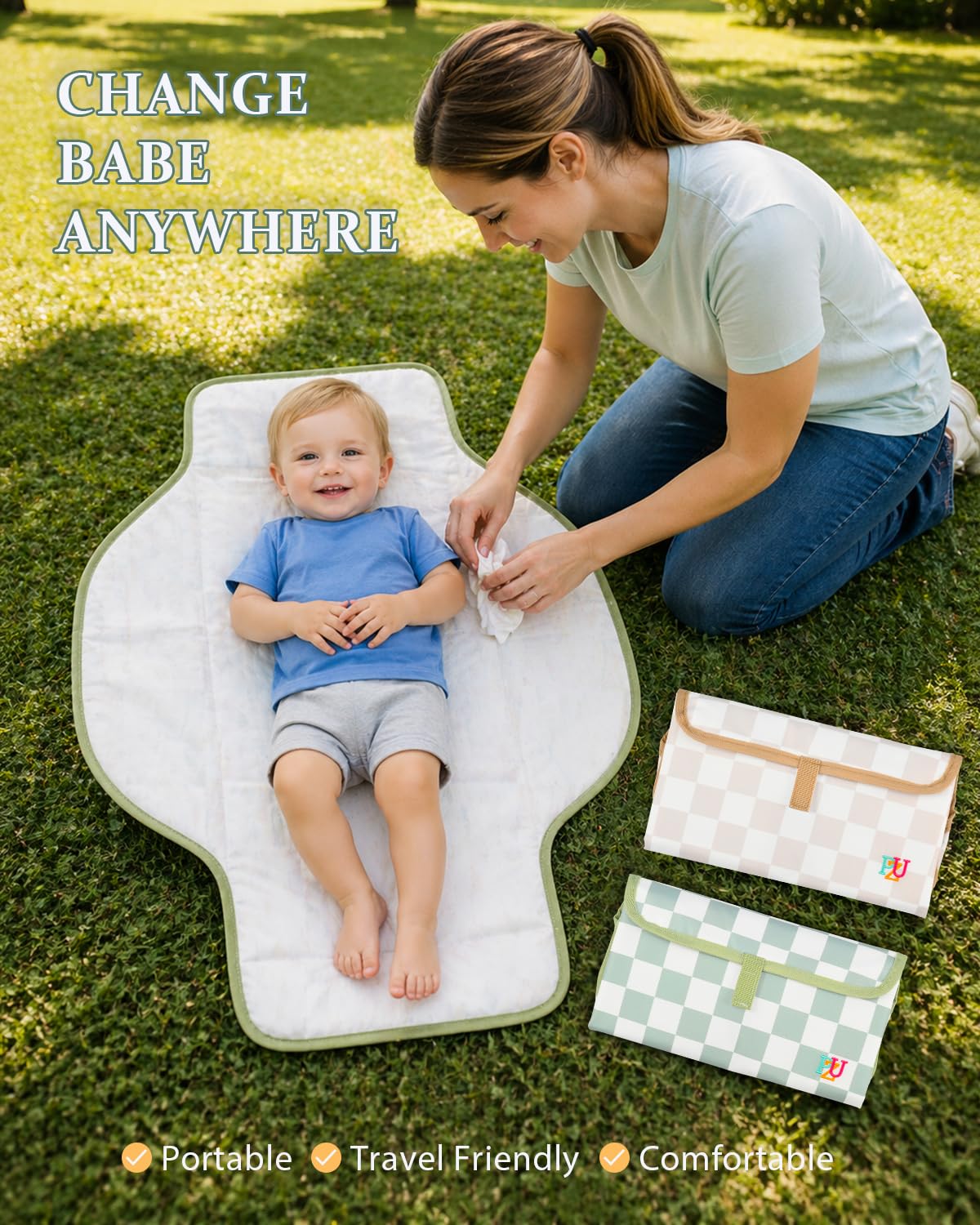 2 Pack Portable Diaper Changing Pad - Waterproof Travel Changing Mat with Built-in Pillow, Gifts for Baby Shower, Newborn Girls & Boys (Sage, Beige Checkers)