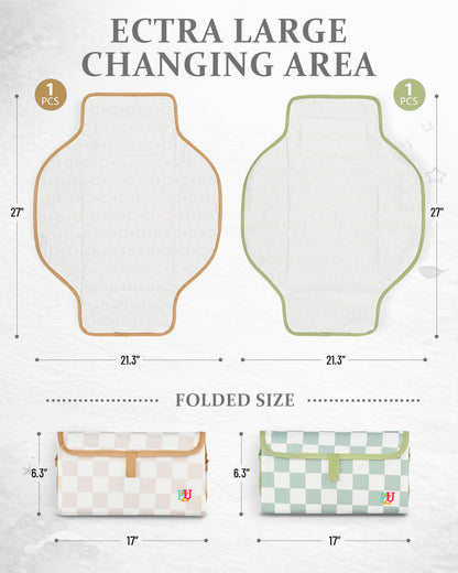 2 Pack Portable Diaper Changing Pad - Waterproof Travel Changing Mat with Built-in Pillow, Gifts for Baby Shower, Newborn Girls & Boys (Sage, Beige Checkers)
