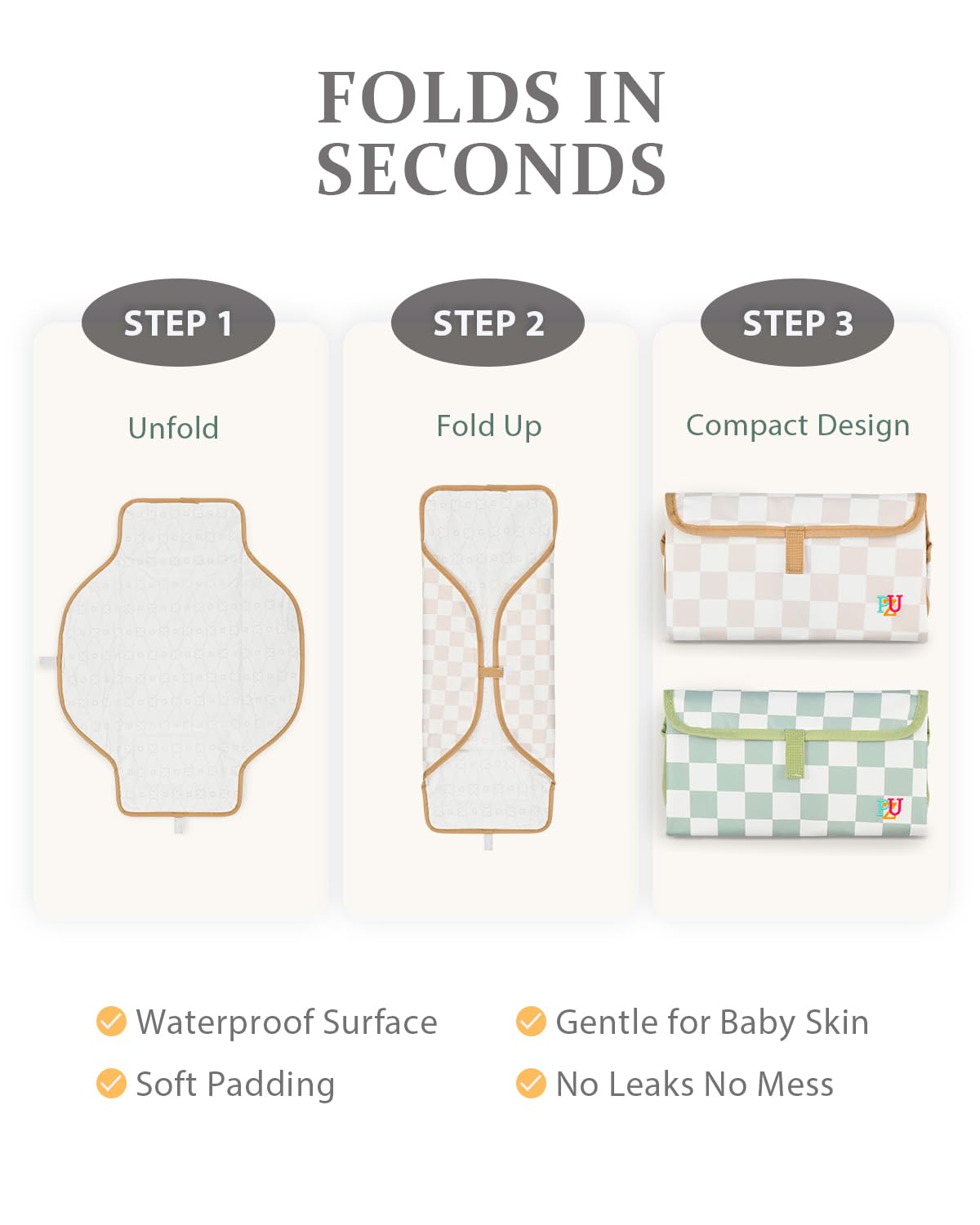 2 Pack Portable Diaper Changing Pad - Waterproof Travel Changing Mat with Built-in Pillow, Gifts for Baby Shower, Newborn Girls & Boys (Sage, Beige Checkers)